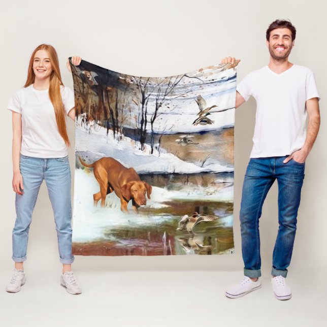 Hungarian Vizsla, hunting ducks in winter     Fleece Blanket (In Situ)