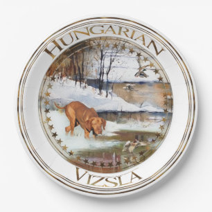 Hungarian Vizsla, hunting ducks in winter Paper Plate
