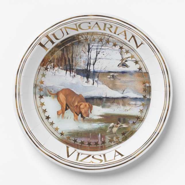 Hungarian Vizsla, hunting ducks in winter     Paper Plate (Front)