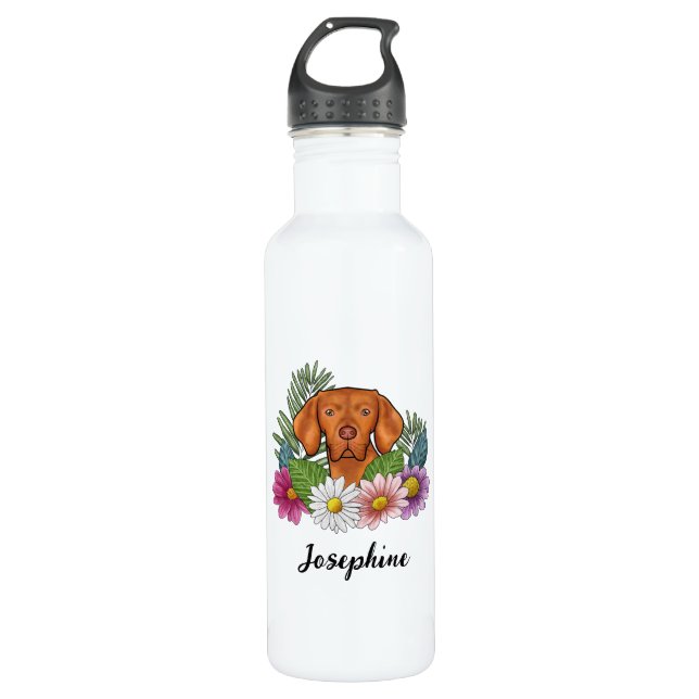 Hungarian Vizsla With Colourful Flowers And Name 710 Ml Water Bottle (Front)