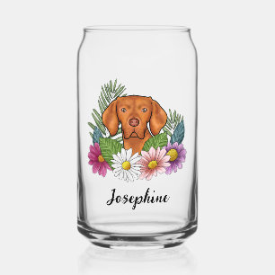Hungarian Vizsla With Colourful Flowers And Name Can Glass
