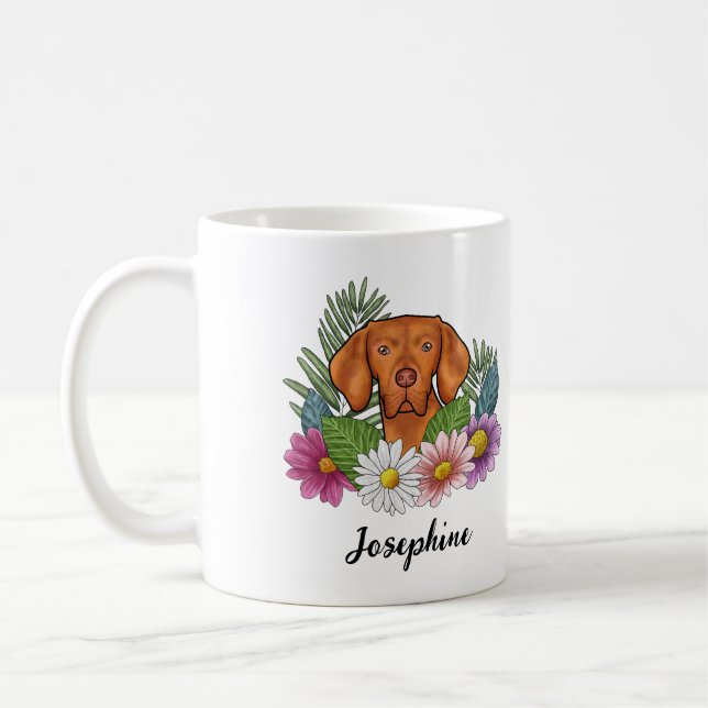 Hungarian Vizsla With Colourful Flowers And Name Coffee Mug (Left)