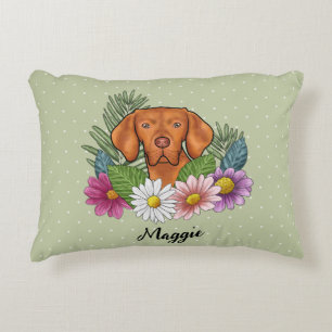 Hungarian Vizsla With Colourful Flowers And Name Decorative Cushion
