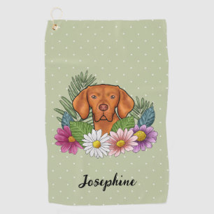 Hungarian Vizsla With Colourful Flowers And Name Golf Towel