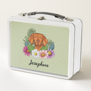 Hungarian Vizsla With Colourful Flowers And Name Metal Lunch Box