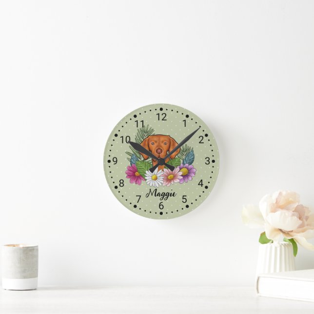 Hungarian Vizsla With Colourful Flowers And Name Round Clock (Home)