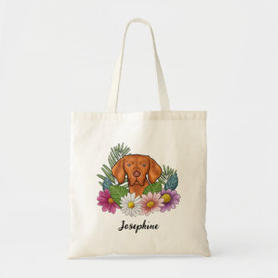 Hungarian Vizsla With Colourful Flowers And Name Tote Bag