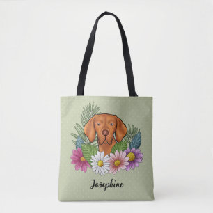 Hungarian Vizsla With Colourful Flowers And Name Tote Bag