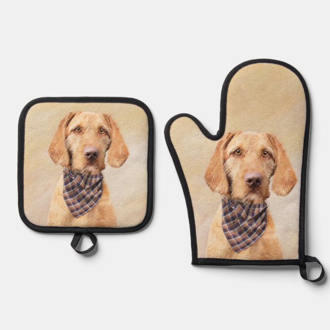 Hungarian Wirehaired Vizsla Painting Cute Dog Art Oven Mitt & Pot Holder Set (Front)