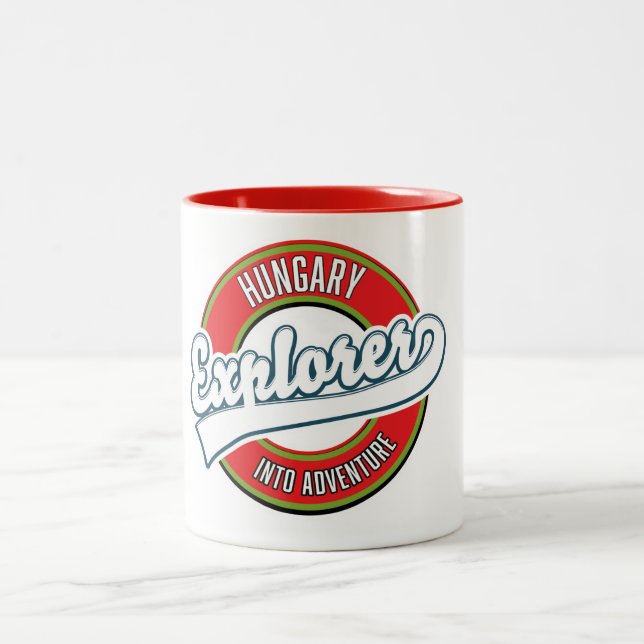 Hungary explorer into adventure logo Two-Tone coffee mug (Center)