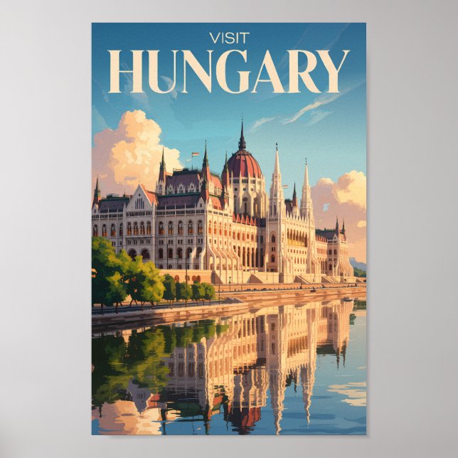 Hungary Parliament Illustration Travel Art Vintage Poster (Front)