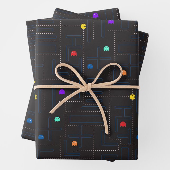hungry cartoon monsters arcade 80s game  wrapping paper sheet (In situ)