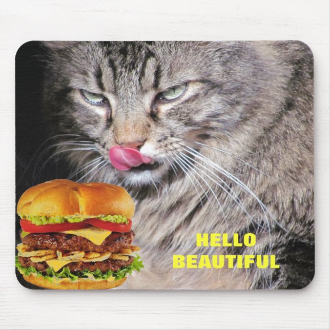 Hungry Cat Meets Beautiful Cheeseburger Mouse Mat (Front)