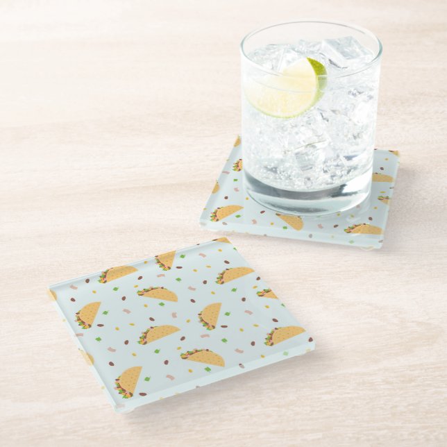 Hungry For Tacos Pattern Glass Coaster (Angled)