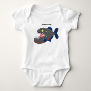Hungry funny piranha cartoon illustration baby bodysuit