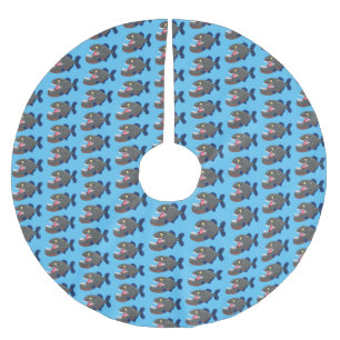 Hungry funny piranha cartoon illustration brushed polyester tree skirt