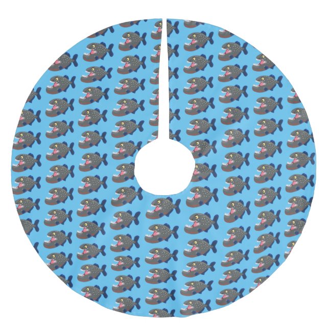 Hungry funny piranha cartoon illustration brushed polyester tree skirt (Front)