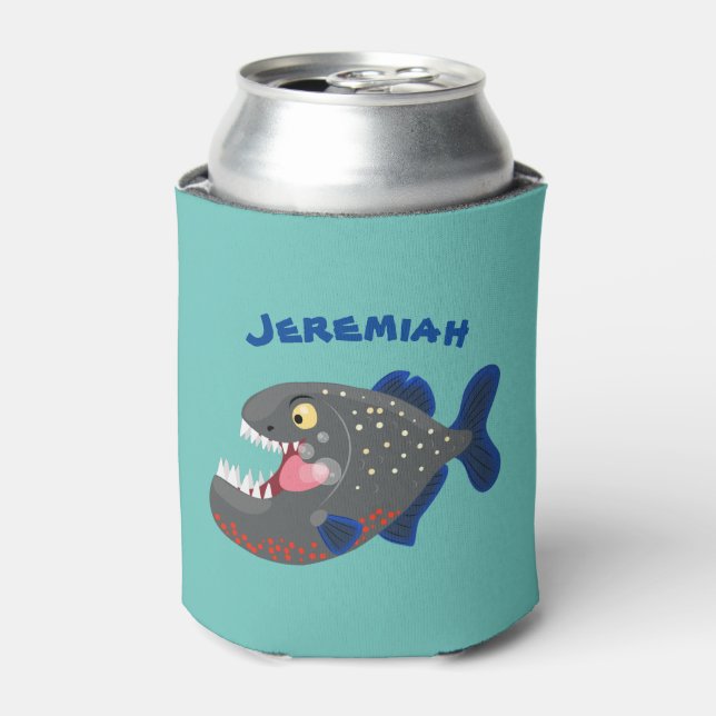 Hungry funny piranha cartoon illustration can cooler (Can Front)