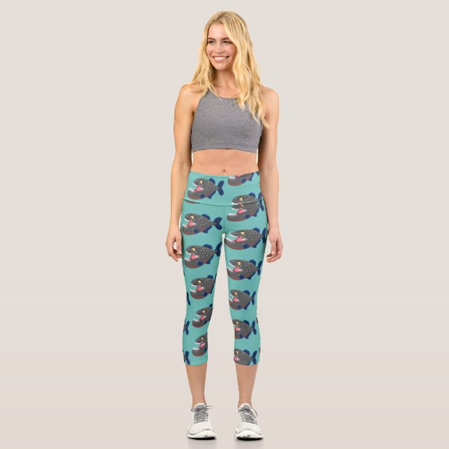 Hungry funny piranha cartoon illustration capri leggings (Front)