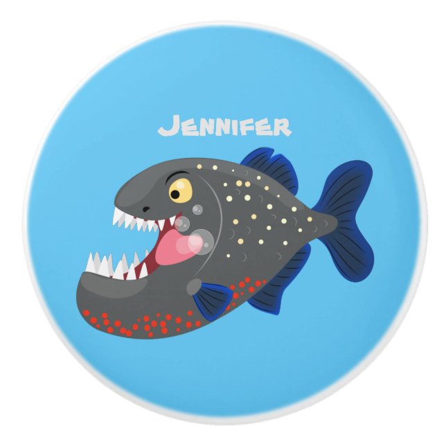Hungry funny piranha cartoon illustration ceramic knob (Front)