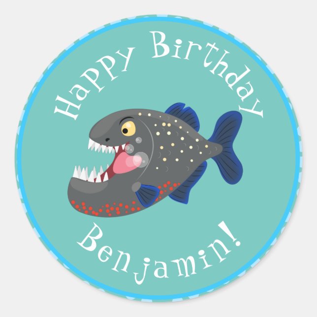 Hungry funny piranha cartoon illustration classic round sticker (Front)