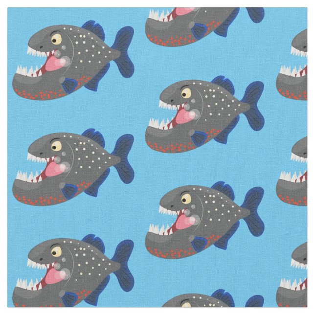 Hungry funny piranha cartoon illustration fabric (Close Up)