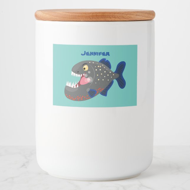 Hungry funny piranha cartoon illustration food label (Front)