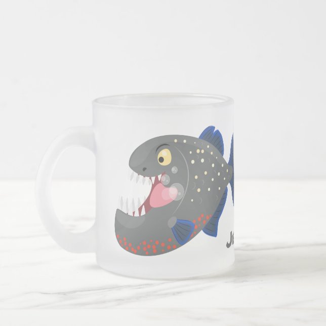 Hungry funny piranha cartoon illustration frosted glass coffee mug (Left)