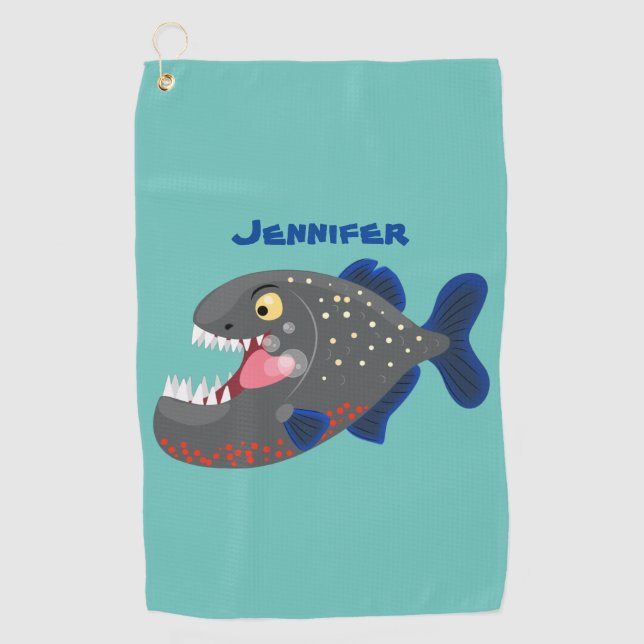 Hungry funny piranha cartoon illustration  golf towel (Front)