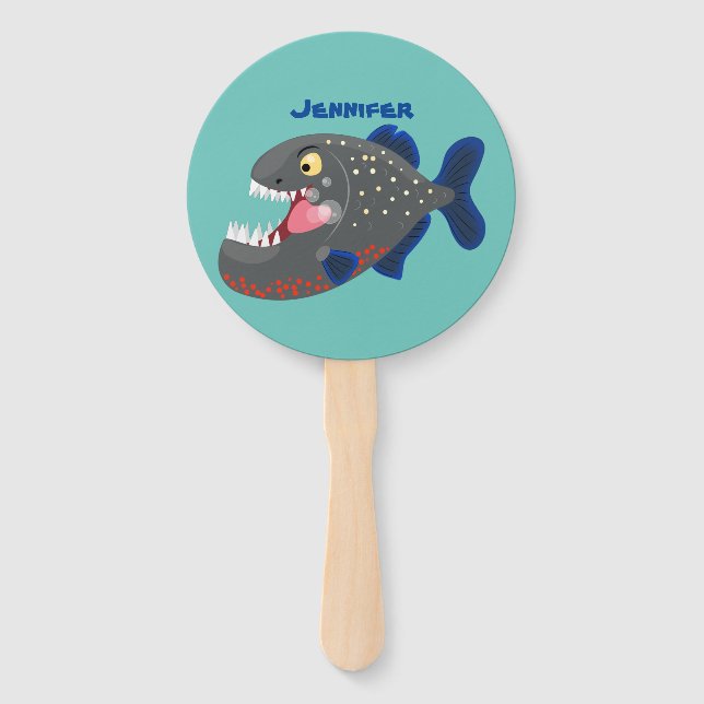 Hungry funny piranha cartoon illustration hand fan (Front)