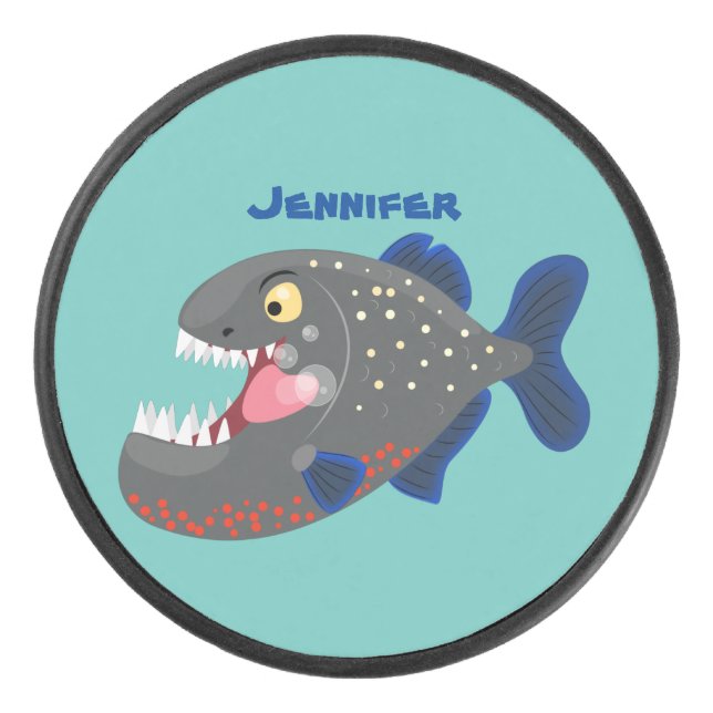 Hungry funny piranha cartoon illustration hockey puck (Front)