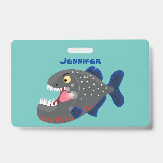 Hungry funny piranha cartoon illustration ID badge (Front)