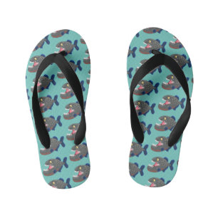 Hungry funny piranha cartoon illustration kid's flip flops