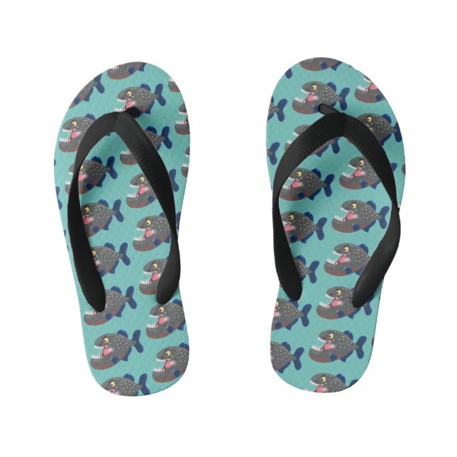Hungry funny piranha cartoon illustration kid's flip flops (Footbed)