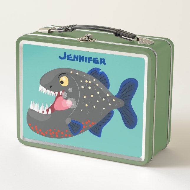 Hungry funny piranha cartoon illustration metal lunch box (Front)