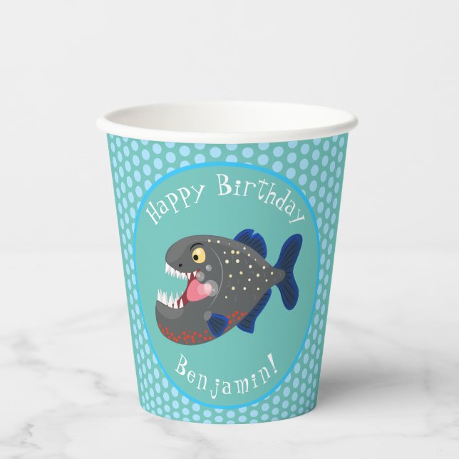 Hungry funny piranha cartoon illustration paper cups (Front)