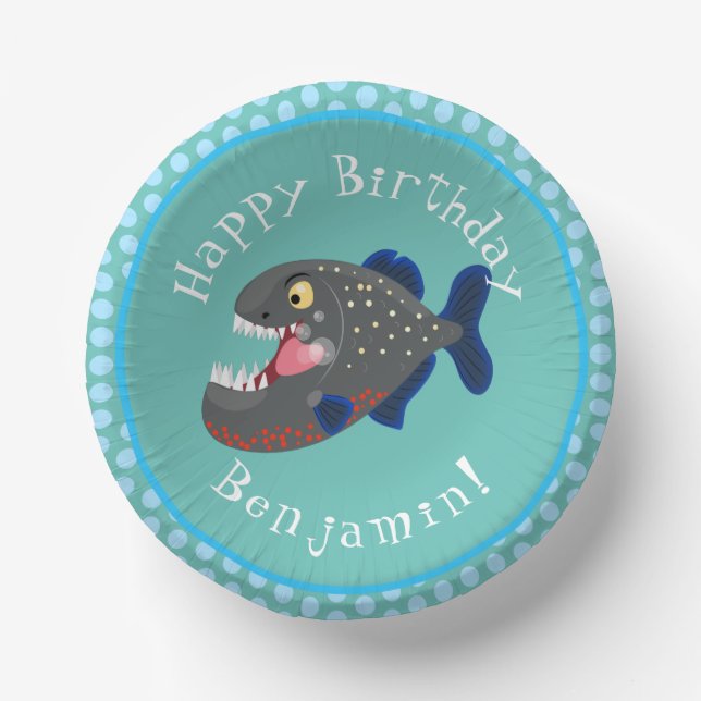 Hungry funny piranha cartoon illustration paper plate (Front)