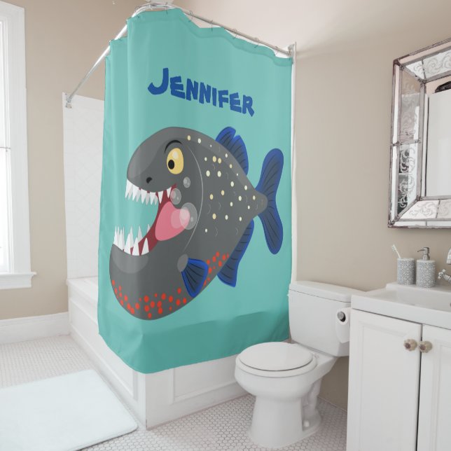 Hungry funny piranha cartoon illustration shower curtain (In Situ)