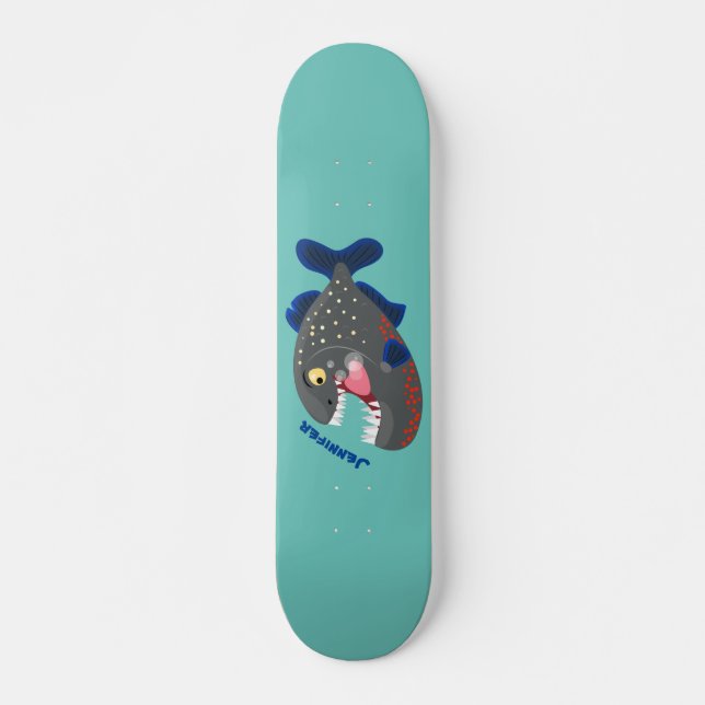 Hungry funny piranha cartoon illustration skateboard (Front)