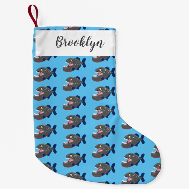 Hungry funny piranha cartoon illustration small christmas stocking (Front)