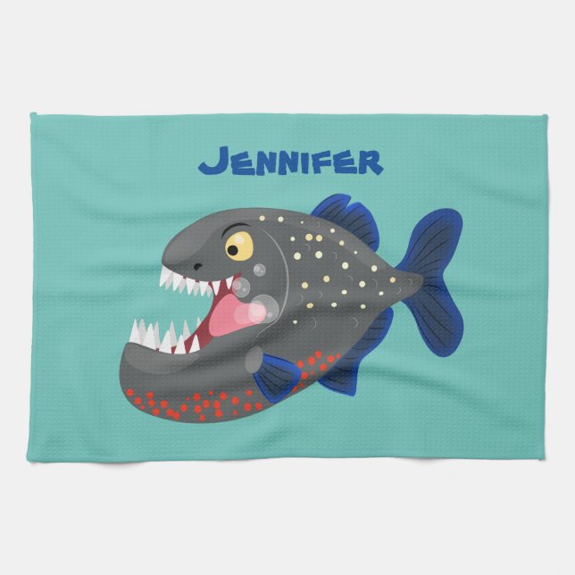 Hungry funny piranha cartoon illustration tea towel (Horizontal)