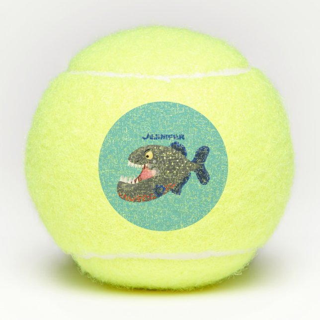 Hungry funny piranha cartoon illustration tennis balls (Front)