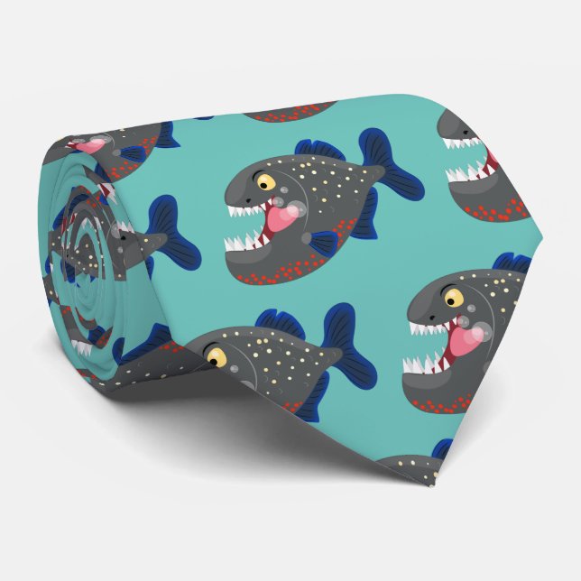 Hungry funny piranha cartoon illustration tie (Rolled)