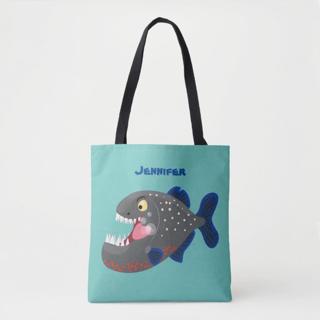Hungry funny piranha cartoon illustration tote bag (Front)