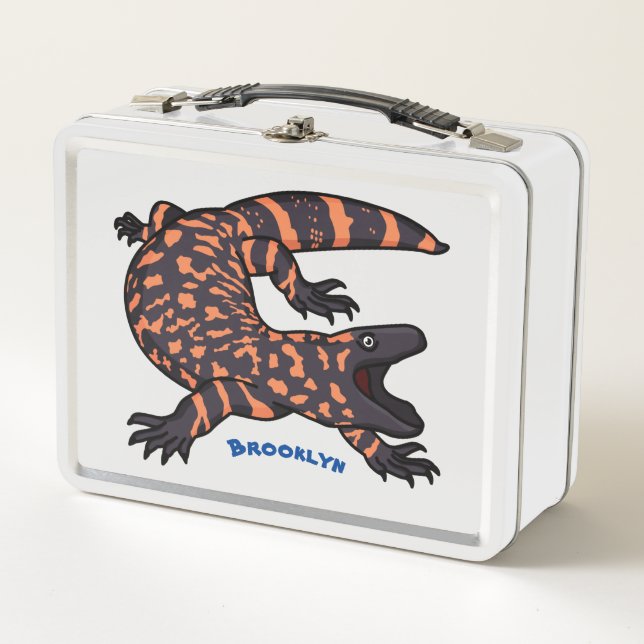 Hungry gila monster lizard cartoon illustration metal lunch box (Front)