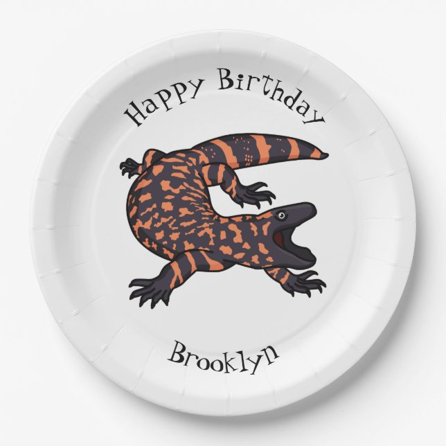 Hungry gila monster lizard cartoon illustration paper plate (Front)