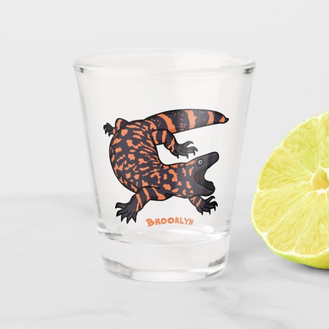 Hungry gila monster lizard cartoon illustration shot glass (Front)