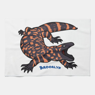 Hungry gila monster lizard cartoon illustration tea towel