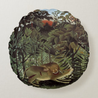 Hungry Lion by Henri Rousseau, Vintage Wild Animal Round Cushion