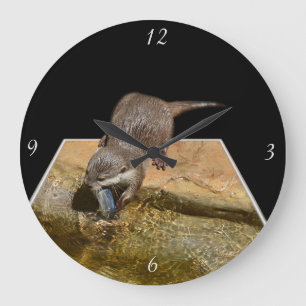Hungry Otter Eating Fish, Large Round Wall Clock. Clock